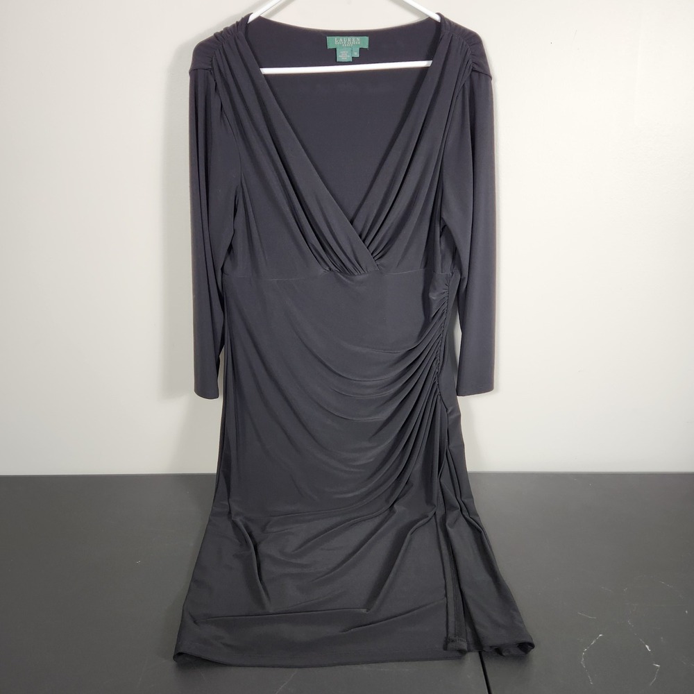 Lauren Ralph Lauren Black Faux Wrap Ruched V-Neck Cocktail Dress 16 Long Slv